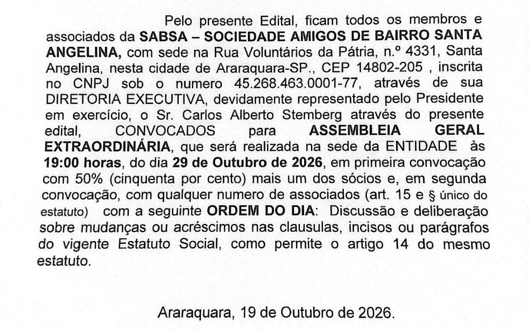 Convocação para Assembleia Geral Extraordinária – 29/10/2026